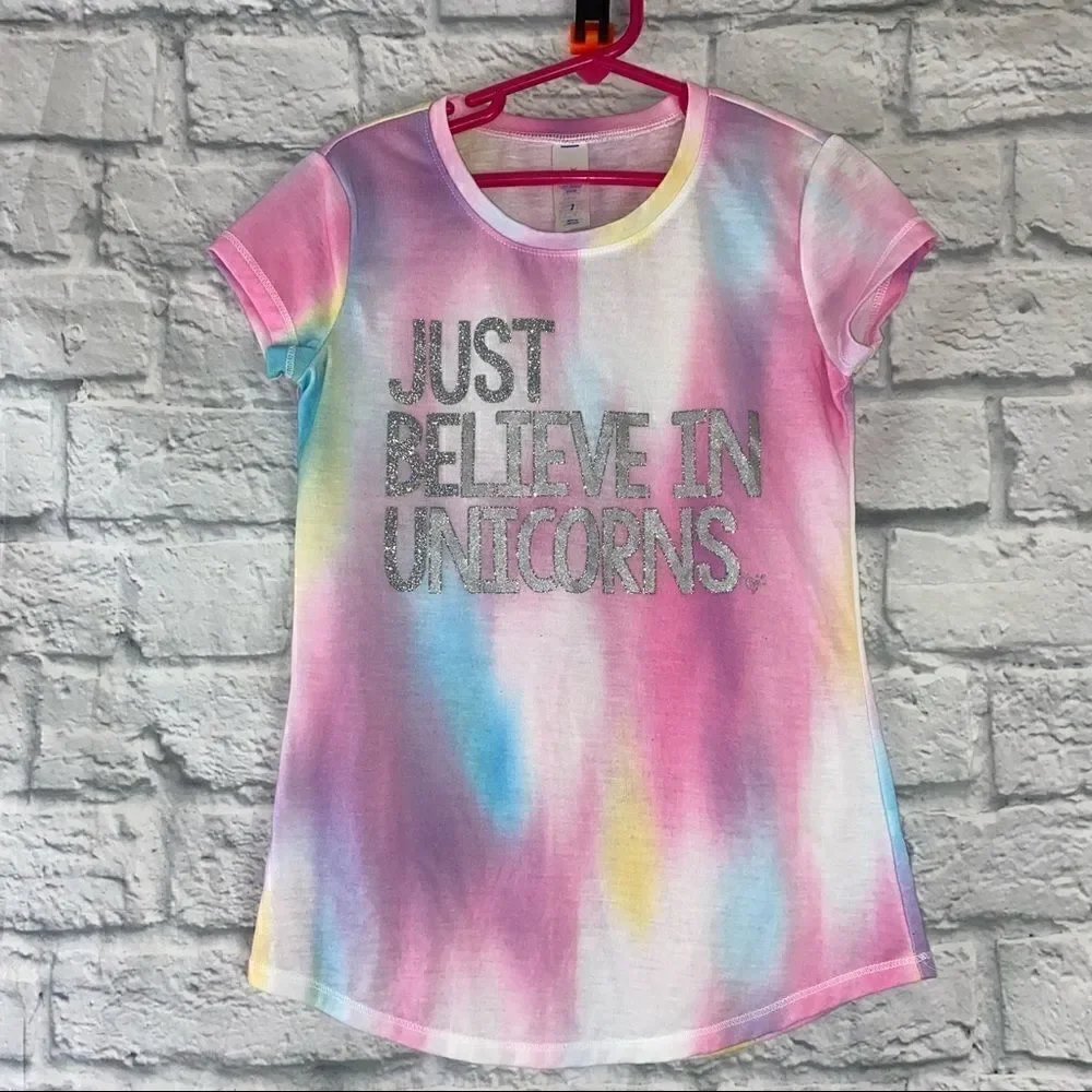 Justice pastel colored just believe in unicorns short sleeve top sz 7 girls